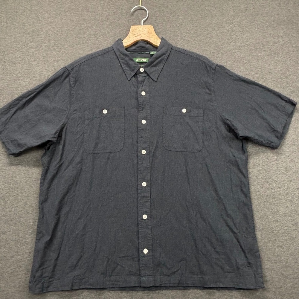 Orvis Shirt Mens XL Navy Short Sleeve Classic Fit Hemp Lyocell Blend Button Down